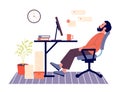 Procrastination concept. Male employee sitting at workplace and resting. Unproductive worker postpone tasks