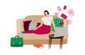 Procrastination concept. Vector illustration with relaxing girl on sofa, cat, laptop