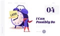 Procrastination, Delay Bad Time Management Website Landing Page. Angry Businesswoman Stand at Huge Alarm Clock