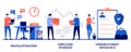 Procrastination, displaced workers, unemployment insurance concept with tiny people. Business termination vector illustration set