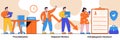 Procrastination, displaced workers, unemployment insurance concept with tiny people. Business termination vector illustration set