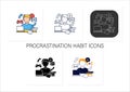 Procrastination habit icons set Royalty Free Stock Photo