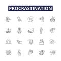 Procrastination line vector icons and signs. Postponing, Lagging, Stalling, Deferring, Delaying, Indolence, Idleness