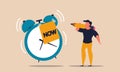 Procrastination work and time action today. Timeline management and postpone schedule task job vector illustration concept. Royalty Free Stock Photo