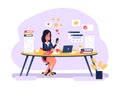 Procrastination at work. Woman employee sitting at workplace and surfing social media in smartphone. Unproductive office Royalty Free Stock Photo