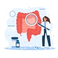 Proctologist concept. Female doctor with magnifier examine intestine. Woman in lab coat analysis perianal area. Medical