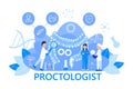 Proctologist concept vector for medical web. app. blog.Intestine doctors examine, treat dysbiosis. Tiny therapist of proctology