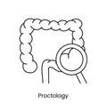 Proctology icon line in vector, illustration of bowel with magnifying glass.