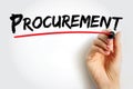 Procurement - process of finding and agreeing to terms, and acquiring goods, services, or works from an external source, text Royalty Free Stock Photo
