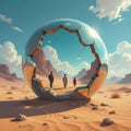 A prodigious crystal sphere in a desert, with three rear-view characters and with reflections bending reality into the sphere Royalty Free Stock Photo