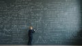 Prodigy child in suit writing formulas on huge blackboard in school classroom