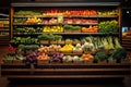 The produce section in a grocery store is filled with an assortment of fresh fruits and vegetables, A vibrant display of organic Royalty Free Stock Photo