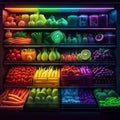 The produce section of a modern supermarket boasts an array of vibrantly colored fruits and vegetables, neatly arranged on shelves