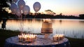 Produce a serene lakeside birthday party with a cake