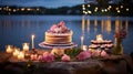 Produce a serene lakeside birthday party with a cake