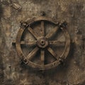 Produce a visually striking image showcasing an eyelevel angle of ancient inventions like the wheel or the printing press