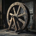 Produce a visually striking image showcasing an eyelevel angle of ancient inventions like the wheel or the printing press