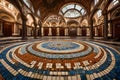 Produce a wide-angle shot of a mosaic podium in a grand hall,