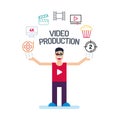 A producer man character in red tees and glass with his hands up. Video cinema movie Icons are arranged in a semicircle above the