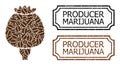 Producer Marijuana Distress Badges with Notches and Opium Poppy Collage of Coffee Beans