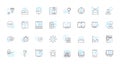 Product analysis linear icons set. Analysis, Product, Features, Benefits, Design, Quality, Performance line vector and