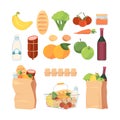 Product bags. Shopping carts with different grocery food healthy fruits milk eat bread ingredients for cuisine vector