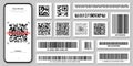 Product barcodes and QR codes. Smartphone application, scanner app. Identification tracking code. Serial number, product