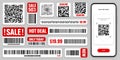 Product barcodes and QR codes. Smartphone application, scanner app. Sale stickers, discount label or promotional badge