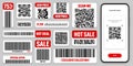 Product barcodes and QR codes. Smartphone application, scanner app. Sale stickers, discount label or promotional badge