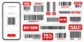 Product barcodes. Smartphone application, scanner app. Sale stickers, discount label or promotional badge. Serial number