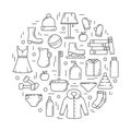 Product categories for personal consumption concept. Home stuffs, food, clothes shoes toys. Set of contour isolated vector icons.