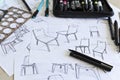 Product design sketching with pens pencils and drawing instruments Royalty Free Stock Photo