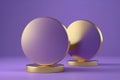Product display gold round podium on purple background. 3D