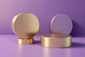 Product display gold round podium on purple background. 3D