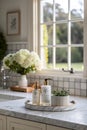 Selective Focus: Elegance Product Display Background with Marble Top and Kitchen Wall Window Garden in Morning Royalty Free Stock Photo