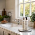 Selective Focus: Elegance Product Display Background with Marble Top and Kitchen Wall Window Garden in Morning Royalty Free Stock Photo