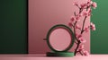 product display podium for cosmetic presentation. Mock up scene with sakura flowers and round mirror.