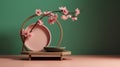 product display podium for cosmetic presentation. Mock up scene with sakura flowers and round mirror.