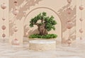 Product display podium for cosmetic showcase with water and tree