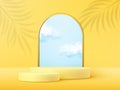 Product display podium decorated with realistic cloud and gold frame on yellow background