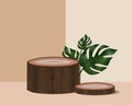 Product display realistic logs podium in minimal color scene background decorated with leaves