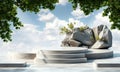 Product display scene with a platform stage rock formation backdrop leafy tree branch framing against a bright sky featuring Royalty Free Stock Photo