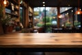 Product display space empty wooden table in a cozy coffee shop