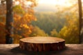 Product display wooden table and blurred autumn forest with colorful leaves landscape, autumn background layout. Generative AI Royalty Free Stock Photo