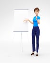 Product Flip-Chart Mockup and Blank Board with Serious and Strict Jenny - 3D Cartoon Female Character in Casual Clothes