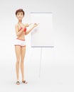 Product Flip-Chart Mockup and Blank Board with Smiling Jenny - 3D Cartoon Female Character in Swimsuit Bikini