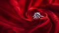 Product image of a diamond ring in focus on a red fabric or silk background Royalty Free Stock Photo