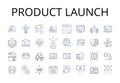 Product launch line icons collection. Campaign kickoff, Event launch, Book release, Movie premiere, Fashion debut, Album