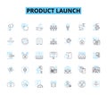 Product launch linear icons set. Unveil, Release, Introduction, Debut, Launch, Premiere, Rollout line vector and concept