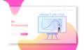 Product Life Cycle Marketing Strategy, Analytics Landing Page Template. Tiny Character at Huge Blackboard